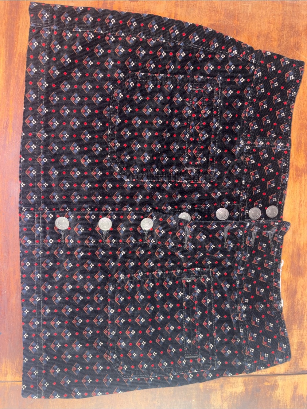 We The Free Black Corduroy Mini Skirt with Red Diamond Print